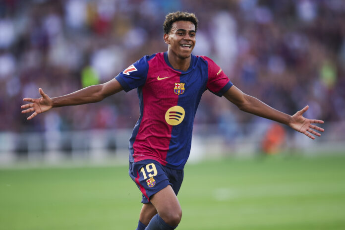 Lamine Yamal, 17, celebrates a goal for FC Barcelona