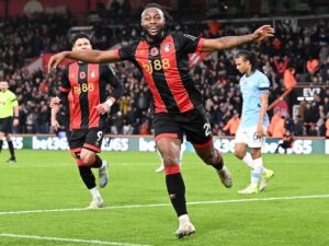 Antoine  Semenyo celebrates after scoring to give AFC Bournemouth a 1-0 lead against Manchester City in the Premier League

