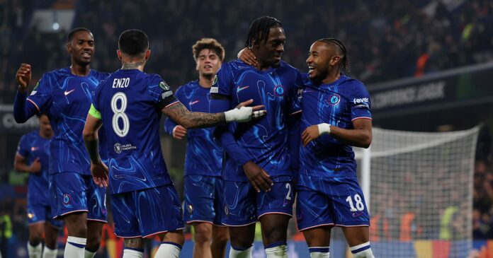 Chelsea players celebrate after scoring a goal against Southampton in the Premier League