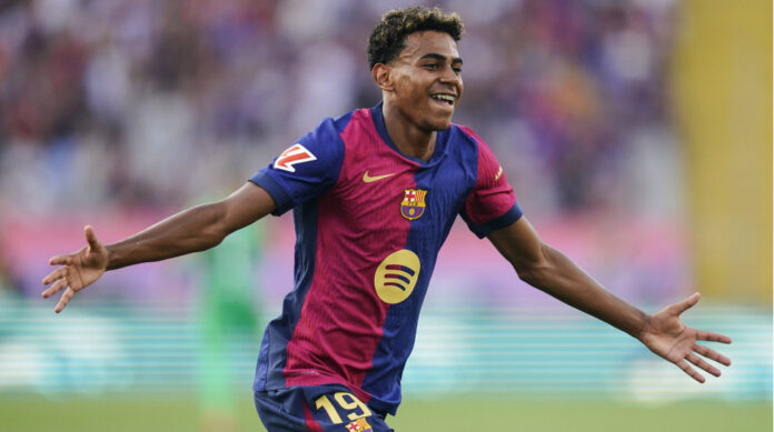 Lamine Yamal celebrates a goal for FC Barcelona in the La Liga