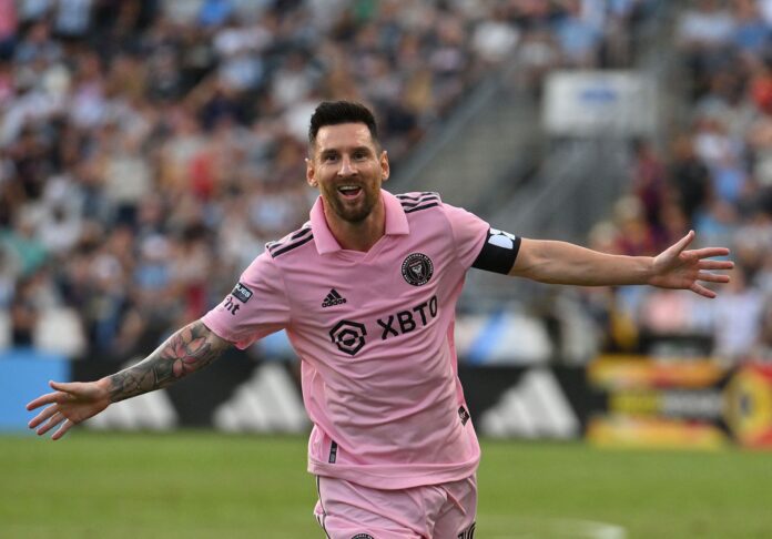 Lionel Messi celebrates a goal for Inter Miami in the MLS