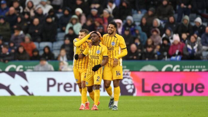 Tariq Lamptey celebrates with his Brighton teammates after scoring a stunning goal against Leicester City in the Premier League