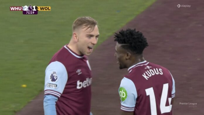 Mohammed Kudus celebrates West Ham's winning goal with teammate Jarrod Bowen